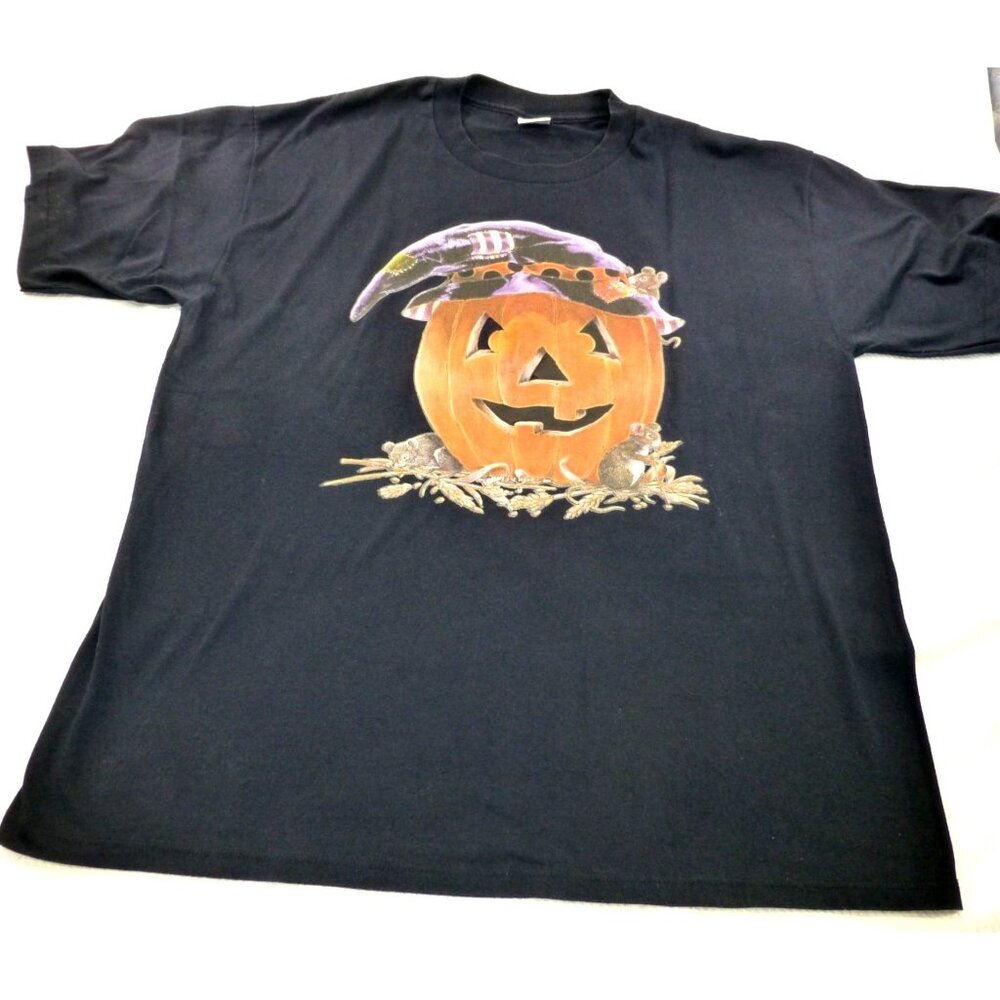 VTG 90s Halloween Pumpkin & Mice Graphic T Shirt Spooky Cal Cru XXL